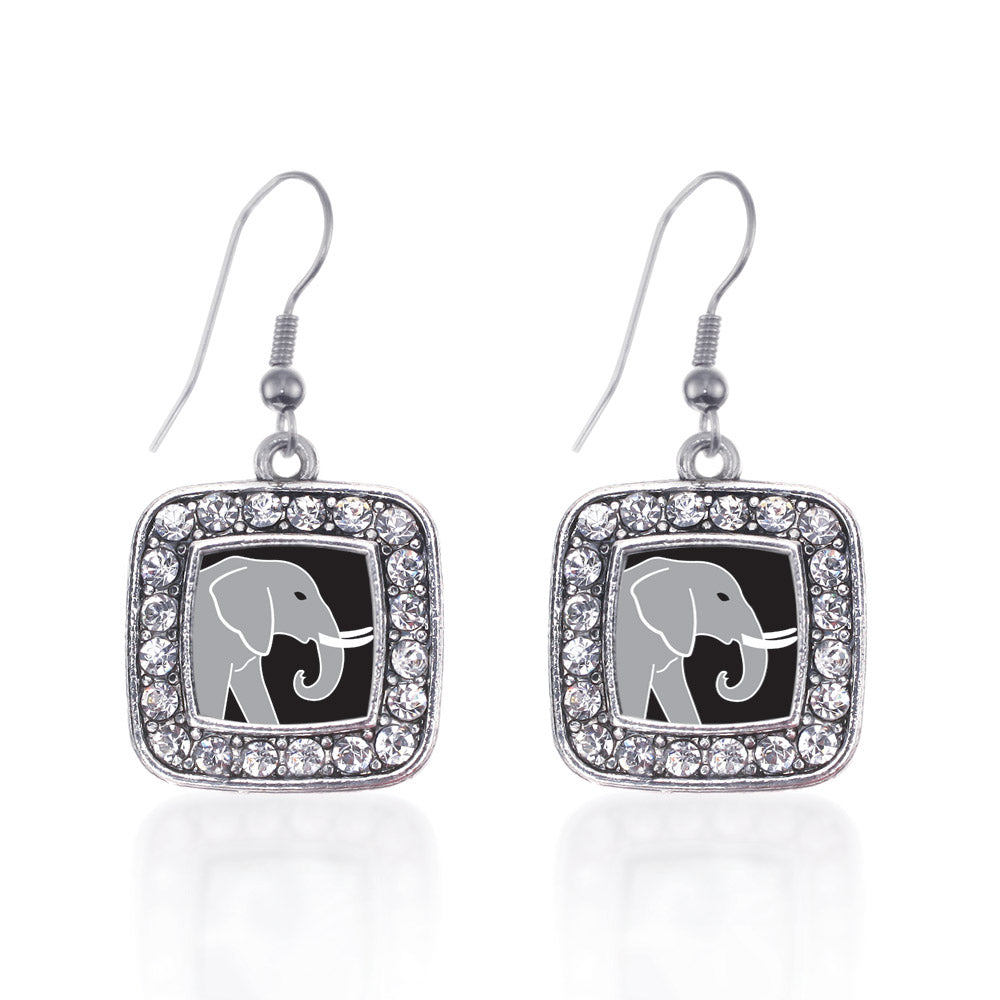 Silver Elephant Square Charm Dangle Earrings