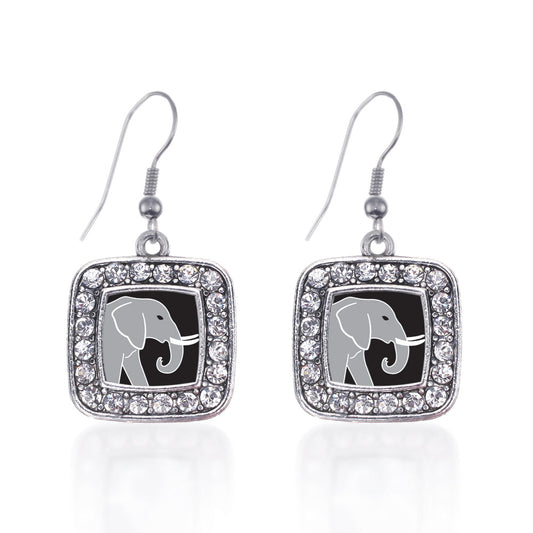 Silver Elephant Square Charm Dangle Earrings