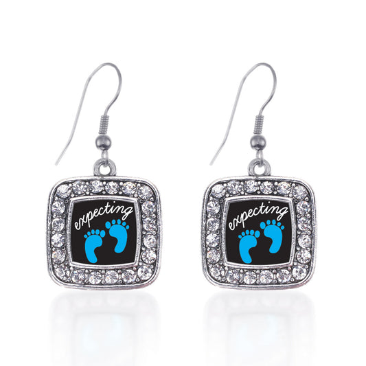 Silver Expecting A Boy Footprints Square Charm Dangle Earrings
