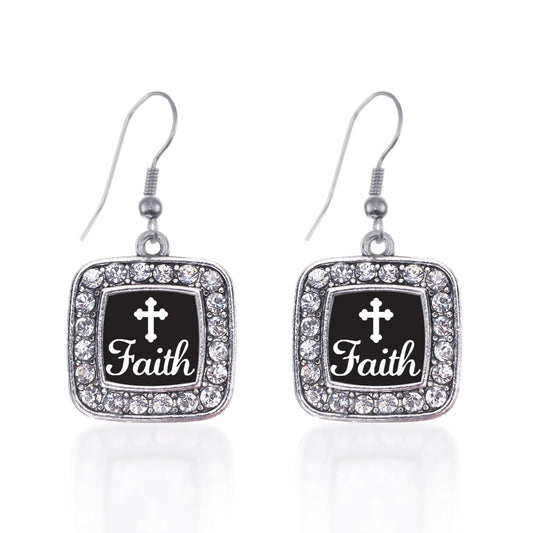Silver Faith Square Charm Dangle Earrings