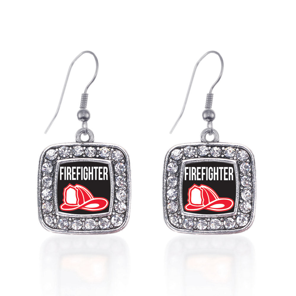 Silver Firefighter Square Charm Dangle Earrings