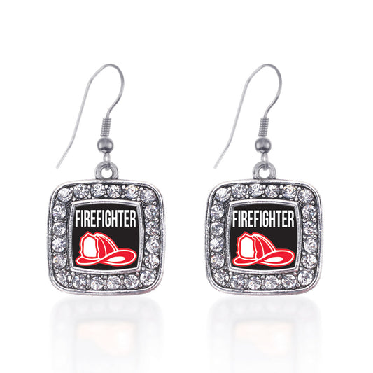 Silver Firefighter Square Charm Dangle Earrings