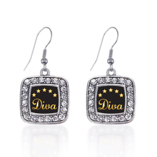 Silver Five Star Diva Square Charm Dangle Earrings