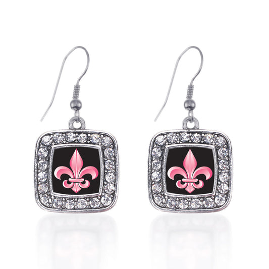 Silver Fleur De Lis Square Charm Dangle Earrings