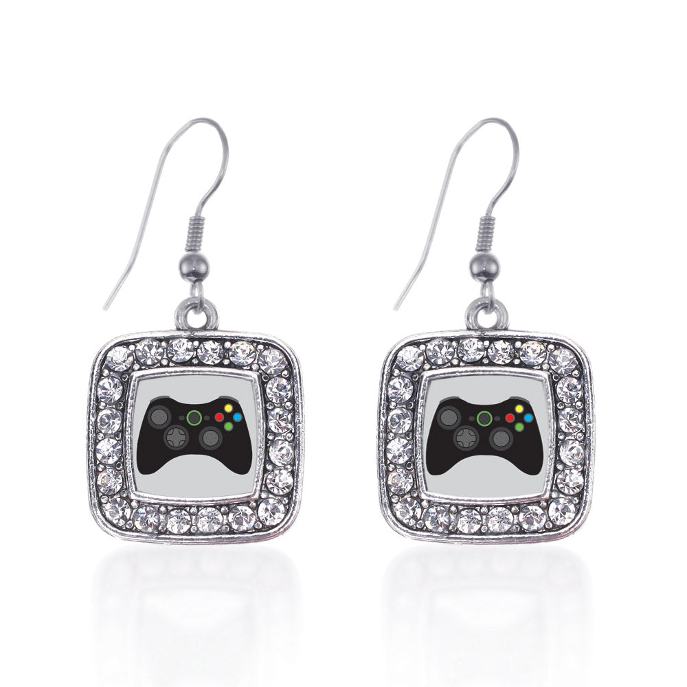 Silver Gamer Girl Square Charm Dangle Earrings