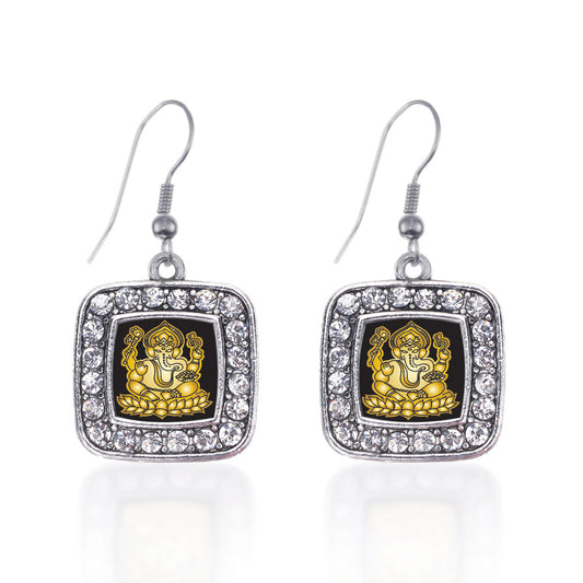 Silver Ganesh Square Charm Dangle Earrings