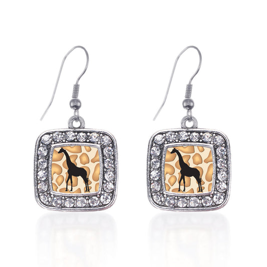 Silver Giraffe Silhouette Square Charm Dangle Earrings