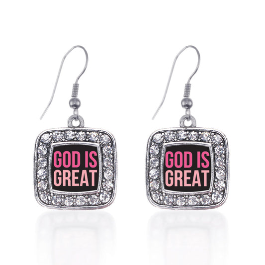 Silver God Is Great Square Charm Dangle Earrings
