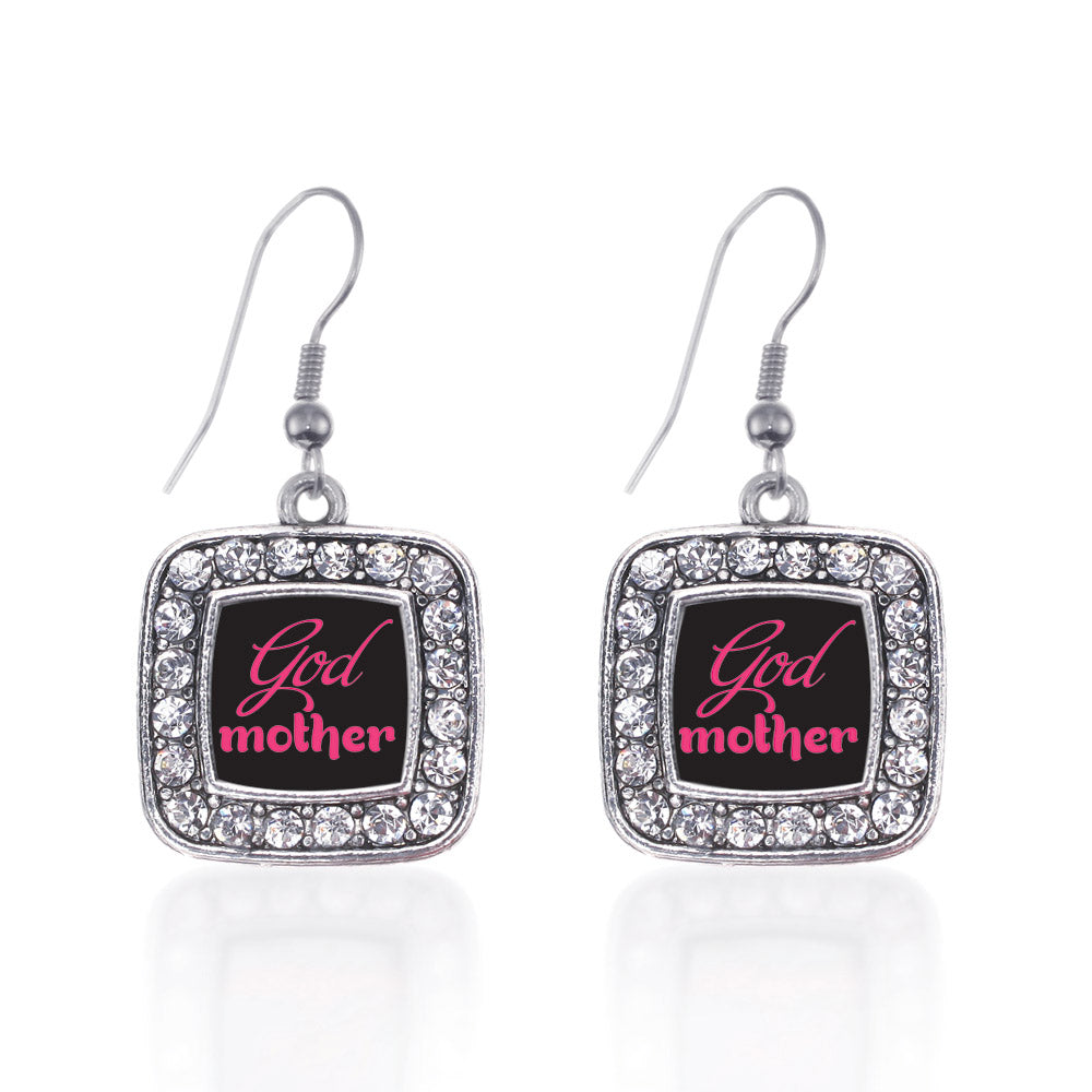 Silver Godmother Square Charm Dangle Earrings