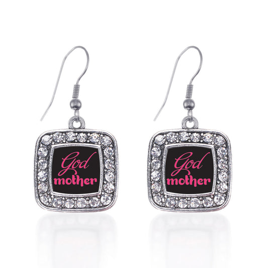 Silver Godmother Square Charm Dangle Earrings
