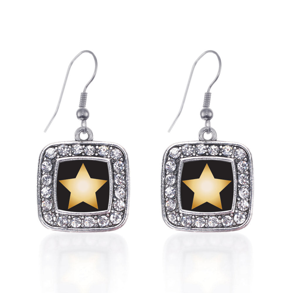 Silver Golden Star Square Charm Dangle Earrings