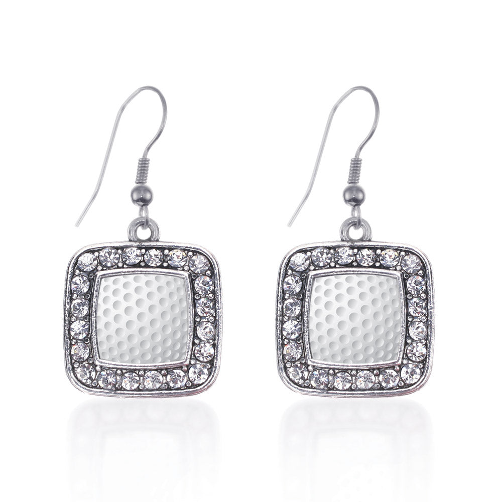 Silver Golf Lovers Square Charm Dangle Earrings
