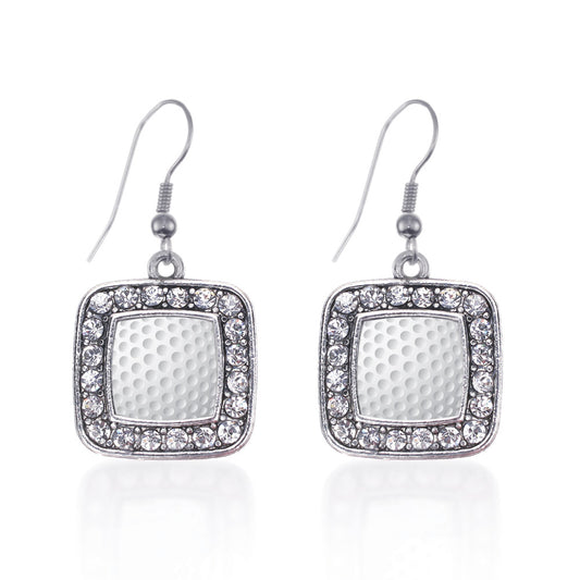 Silver Golf Lovers Square Charm Dangle Earrings
