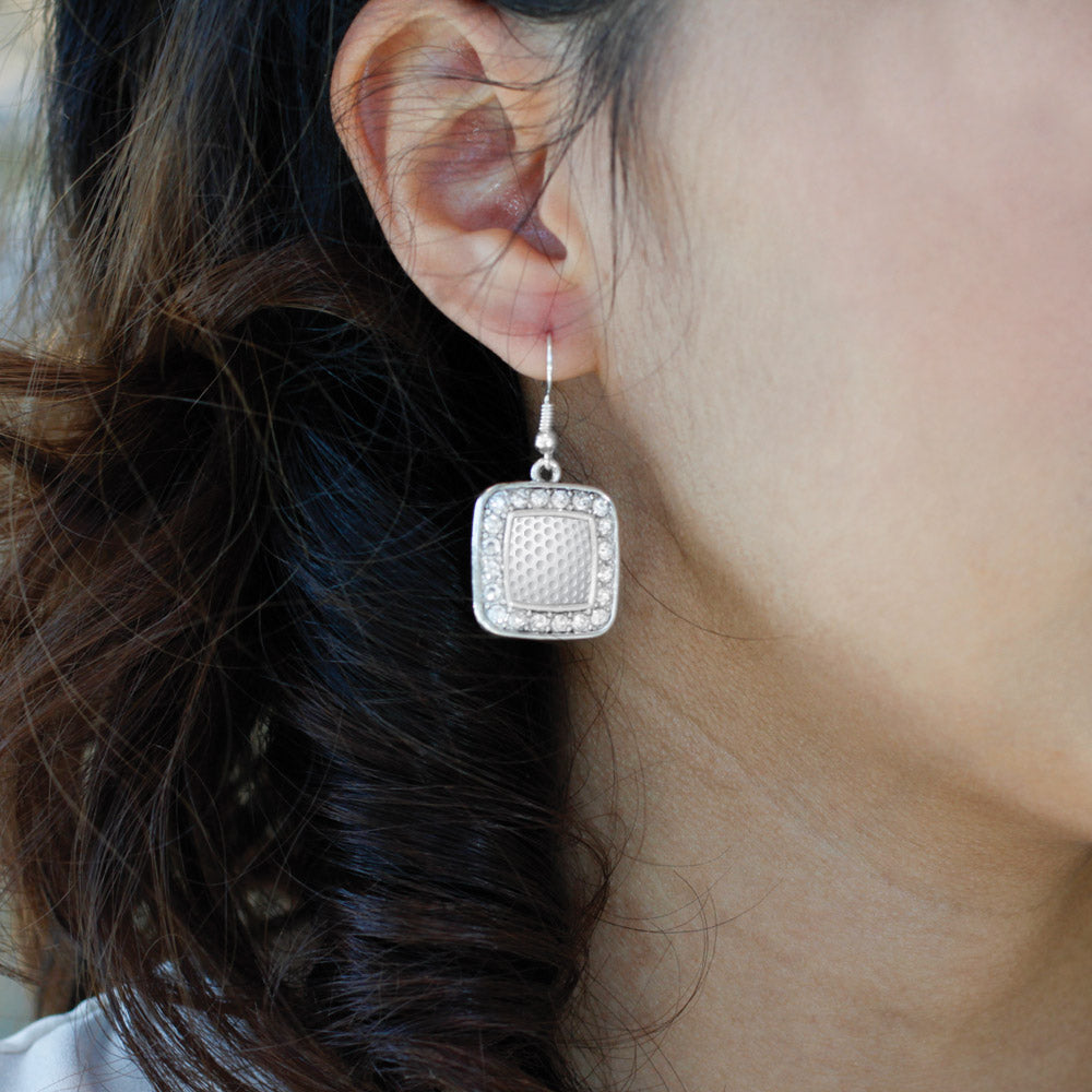 Silver Golf Lovers Square Charm Dangle Earrings