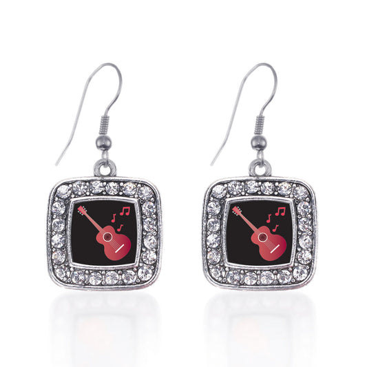 Silver Guitar Lovers Square Charm Dangle Earrings