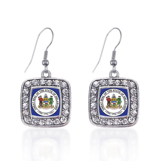 Silver Delaware Flag Square Charm Dangle Earrings