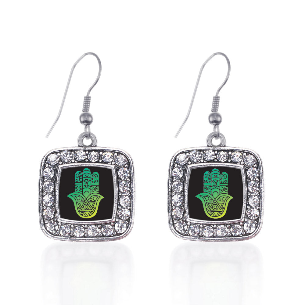 Silver Hamsa Square Charm Dangle Earrings