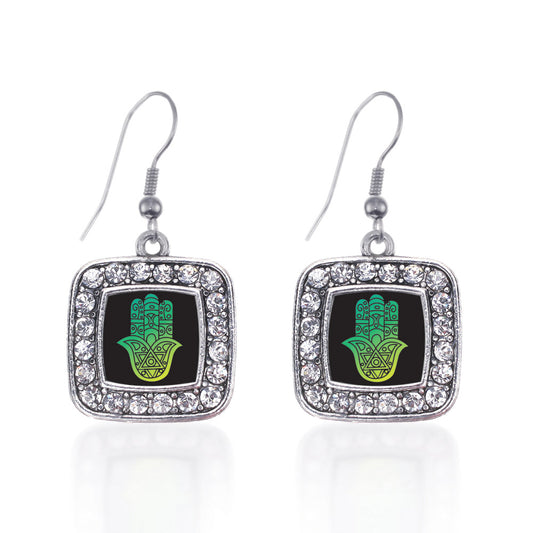 Silver Hamsa Square Charm Dangle Earrings