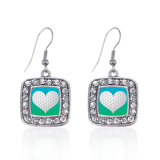 Silver Heart Of A Golfer Square Charm Dangle Earrings