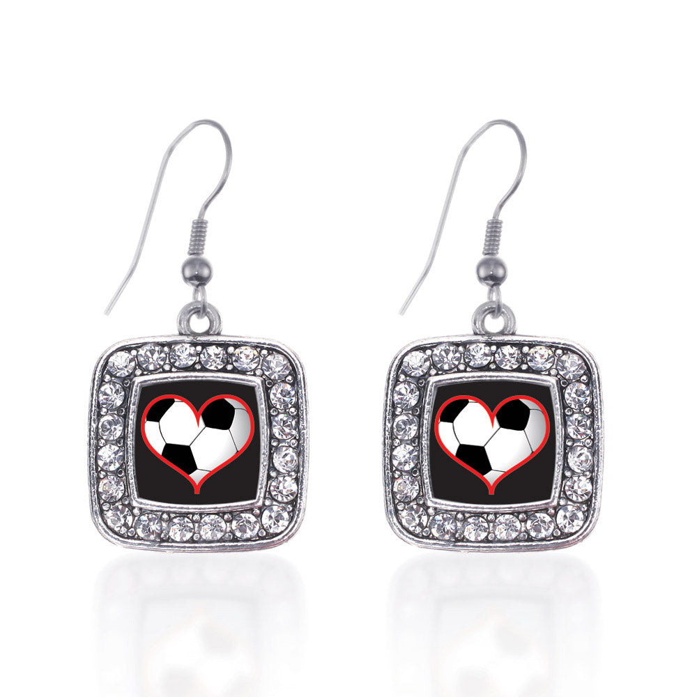 Silver Heart Of A Soccer Player Square Charm Dangle Earrings