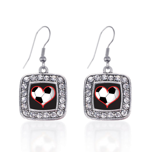 Silver Heart Of A Soccer Player Square Charm Dangle Earrings