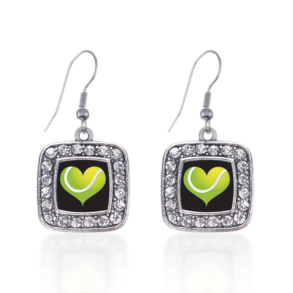 Silver Heart Of A Tennis Player Square Charm Dangle Earrings
