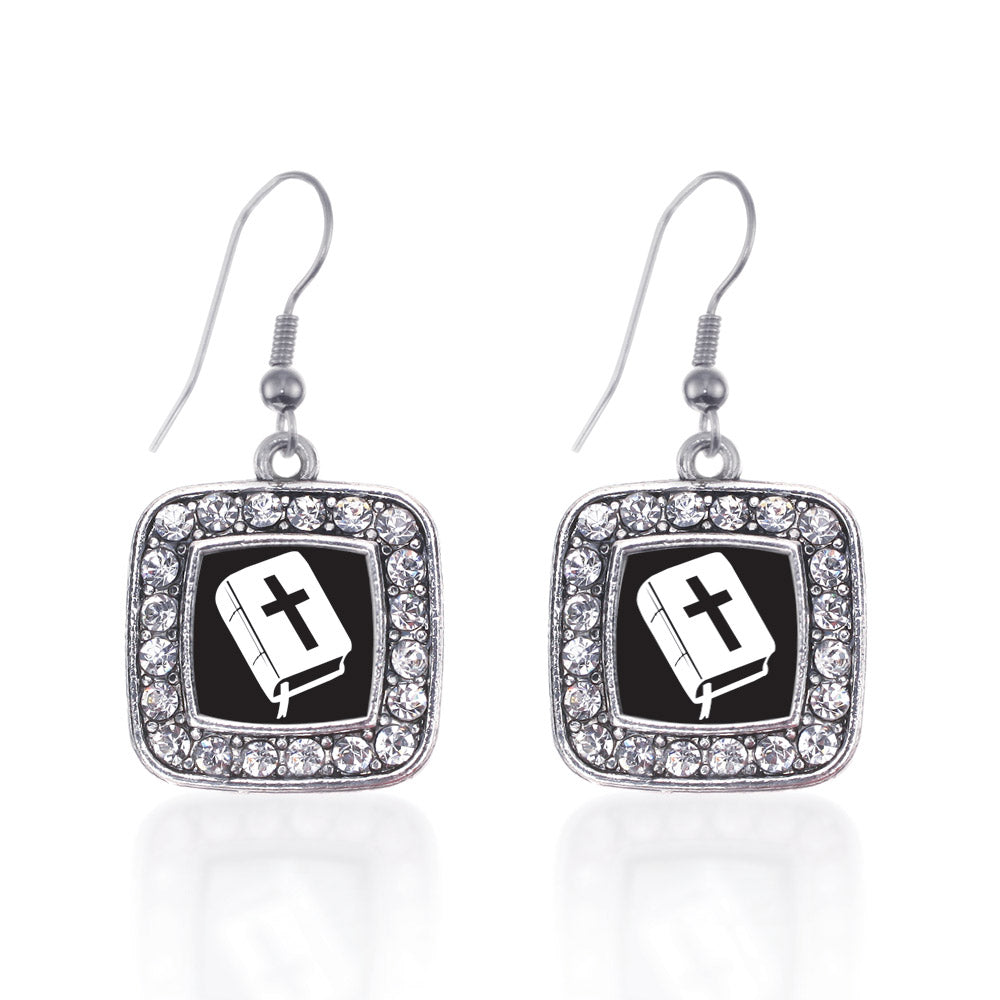 Silver Holy Bible Square Charm Dangle Earrings