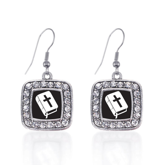 Silver Holy Bible Square Charm Dangle Earrings
