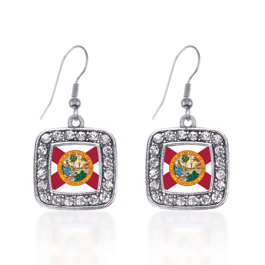 Silver Florida Flag Square Charm Dangle Earrings
