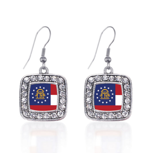 Silver Georgia Flag Square Charm Dangle Earrings