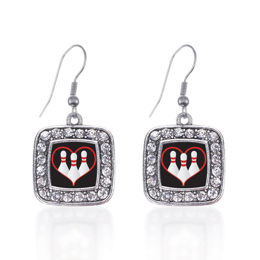 Silver I Heart Bowling Square Charm Dangle Earrings