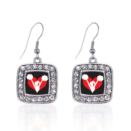 Silver I Heart Cheering Square Charm Dangle Earrings