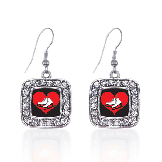 Silver I Heart Ice Skating Square Charm Dangle Earrings