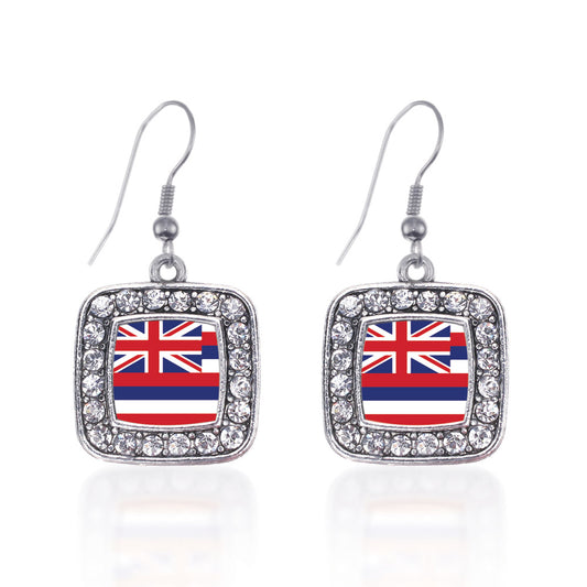 Silver Hawaii Flag Square Charm Dangle Earrings