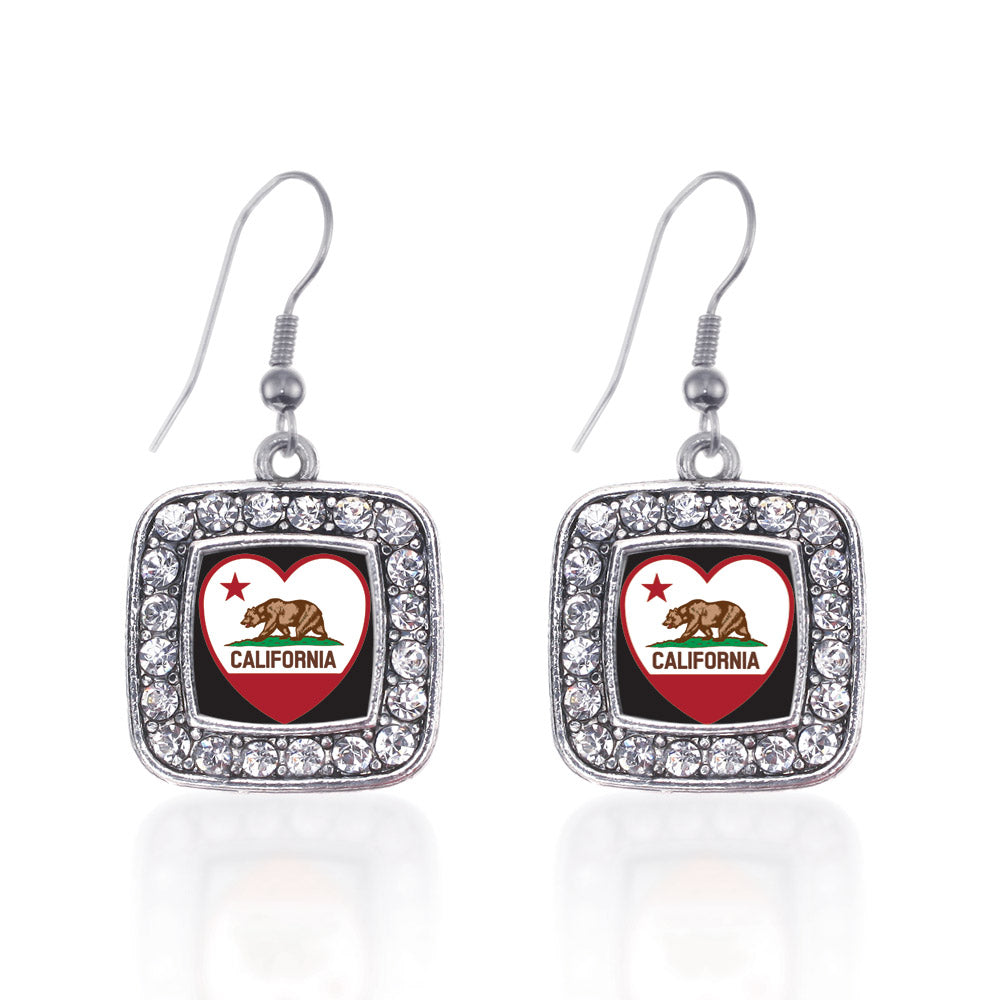 Silver California Heart Flag Square Charm Dangle Earrings