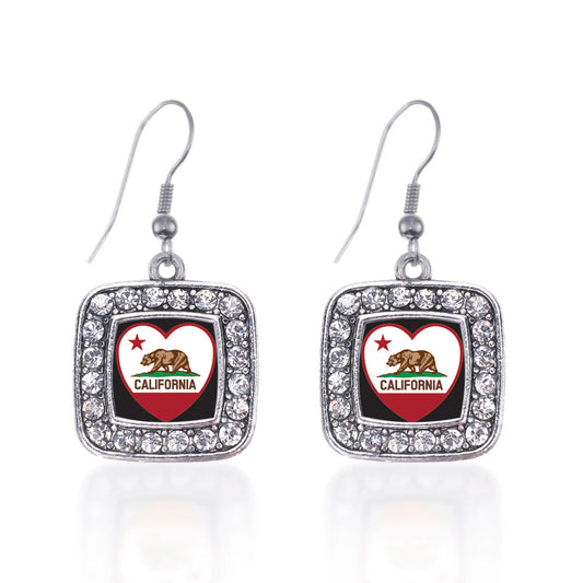 Silver California Heart Flag Square Charm Dangle Earrings