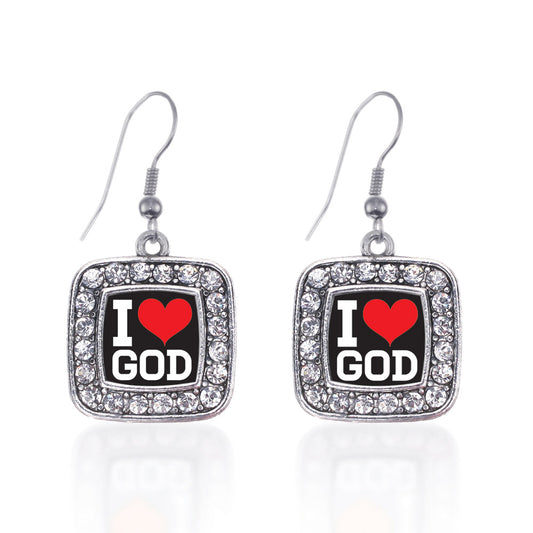 Silver I Love God Square Charm Dangle Earrings