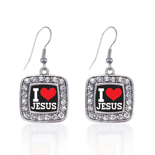 Silver I Love Jesus Square Charm Dangle Earrings
