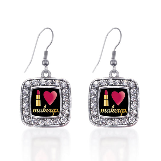 Silver I Love Makeup Square Charm Dangle Earrings