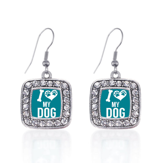 Silver I Love My Dog Square Charm Dangle Earrings