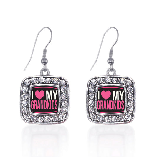 Silver I Love My Grandkids Square Charm Dangle Earrings