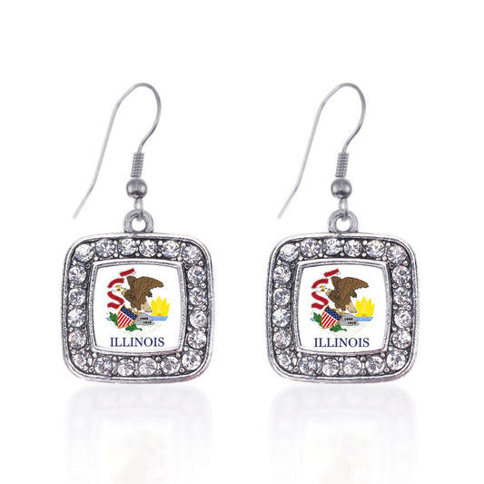 Silver Illinois Flag Square Charm Dangle Earrings