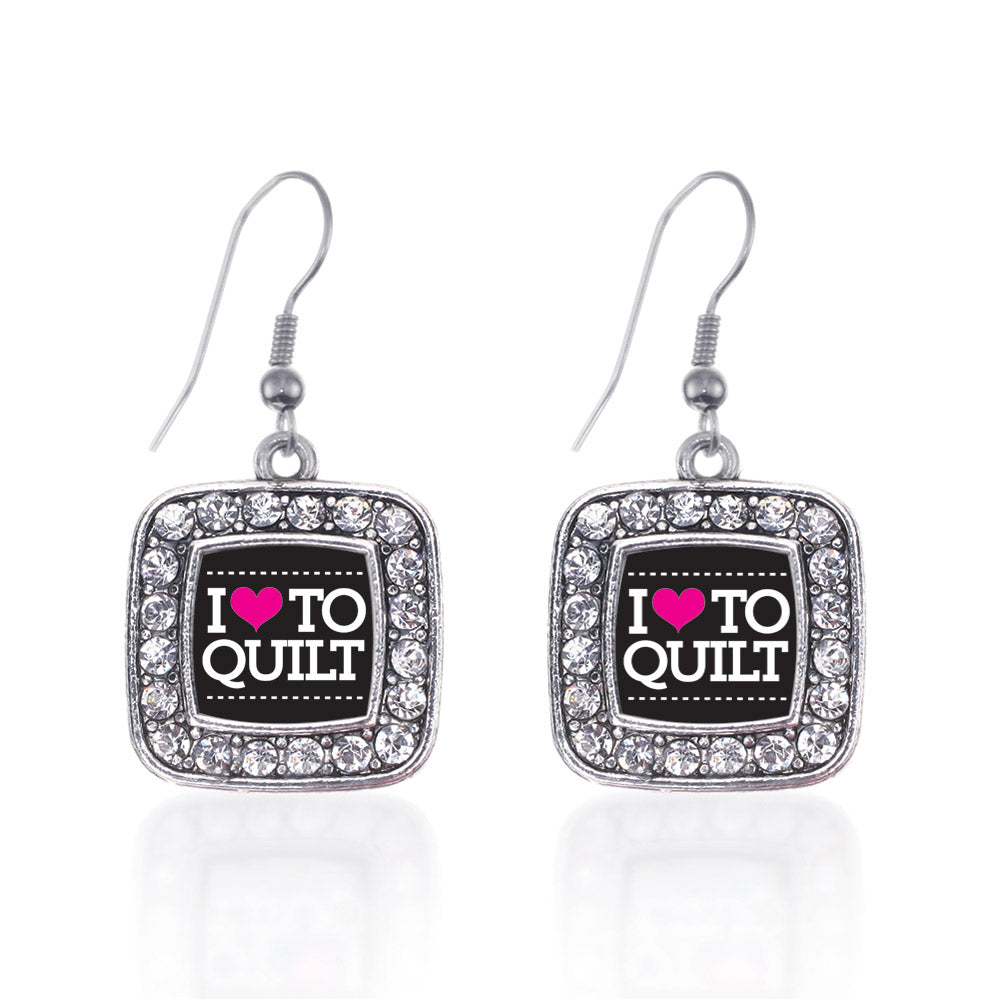 Silver I Love to Quilt Square Charm Dangle Earrings
