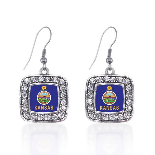 Silver Kansas Flag Square Charm Dangle Earrings