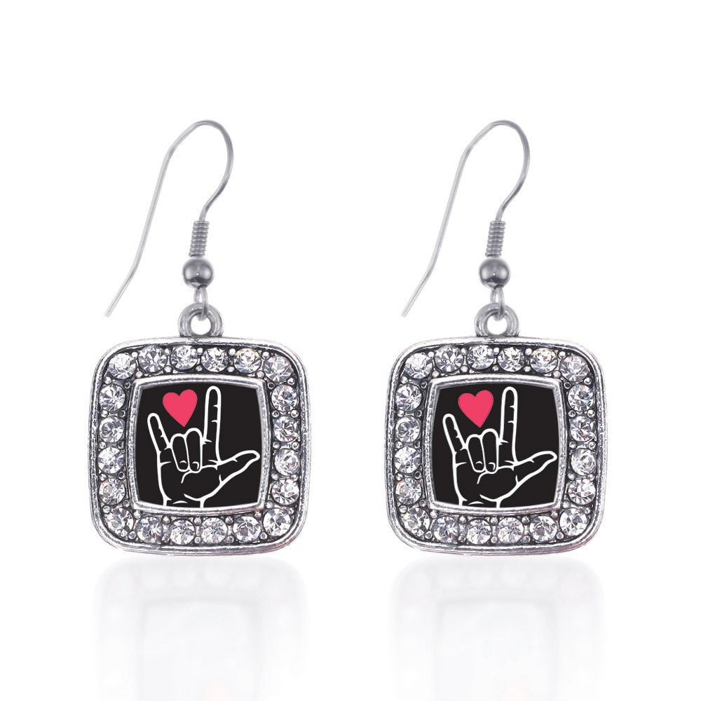 Silver I Love You Sign Language Interpreter Square Charm Dangle Earrings