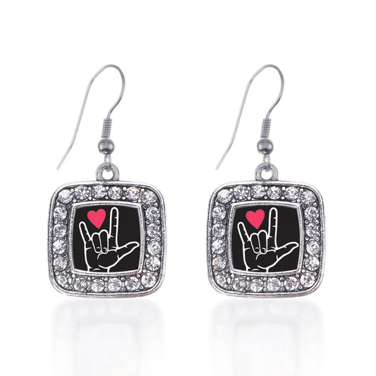 Silver I Love You Sign Language Interpreter Square Charm Dangle Earrings