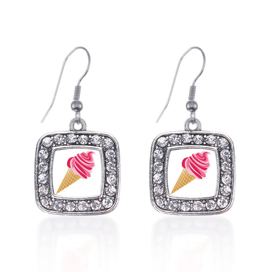 Silver Ice Cream Cone Lovers Square Charm Dangle Earrings