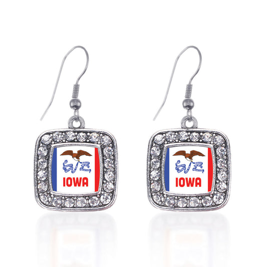 Silver Iowa Flag Square Charm Dangle Earrings