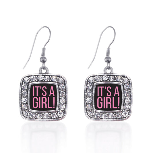 Silver It's A Girl Square Charm Dangle Earrings