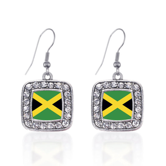 Silver Jamaican Flag Square Charm Dangle Earrings